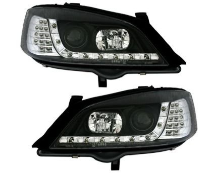 Φανάρια εμπρός led με DRL για Opel Astra G (1998-2004) - μαύρα , με λάμπες (Η1) - σετ 2τμχ.