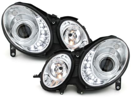 Φανάρια εμπρός led για Mercedes W211 E-Class (2002-2006) chrome , χωρίς λάμπες (Η7) - σετ 2τμχ.