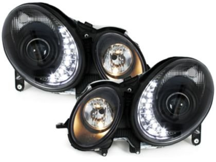 Φανάρια εμπρός led για Mercedes W211 E-Class (2006-2009) μαύρα , με λάμπες (Η1) - σετ 2τμχ.